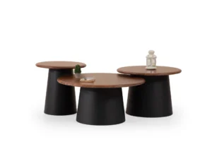Set of 3 round coffee tables with walnut wood tops and black metal bases