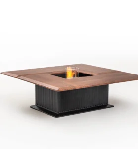 Square wood fireplace coffee table with central burning ethanol fireplace