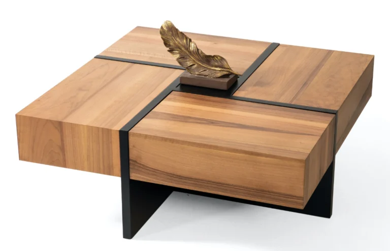 Modern square wood coffee table with 4 pop-up hidden storage drawers and black accents