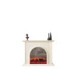 Isolated shot of the Olivia Electric Fireplace with a white fluted mantel, realistic faux fire logs, and decorative arch, featuring a subtle red glow.