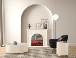 Olivia Electric Fireplace with arched opening and fluted molding, set in a modern living room with a black swivel chair and round coffee table.