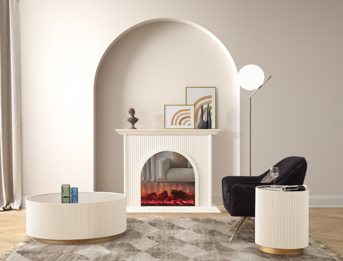 Olivia Electric Fireplace with arched opening and fluted molding, set in a modern living room with a black swivel chair and round coffee table.