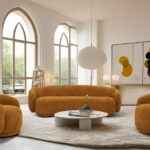 Andrew orange 3-piece sofa set with rounded arms and mid-century modern design