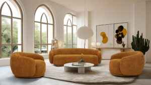 Andrew orange 3-piece sofa set with rounded arms and mid-century modern design