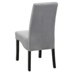 The underside of the grey dining chair, showing its sturdy wooden frame and black legs.