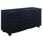 Angled view of a modern black sideboard with a textured front and a minimalist design.