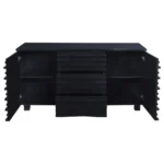 Open black sideboard revealing interior shelves and three central storage drawers.