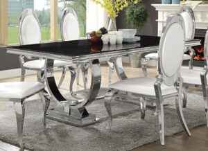 Antoine Rectangular 95-Inch Black Glass Top Dining Table with Polished Stainless Steel Base