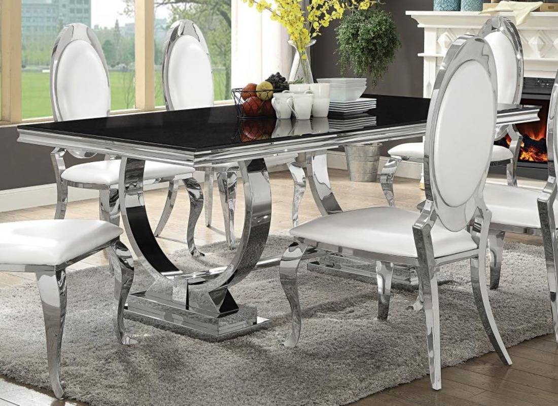 Antoine Rectangular 95-Inch Black Glass Top Dining Table with Polished Stainless Steel Base