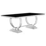 Antoine Rectangular 95-Inch Black Glass Top Dining Table with Polished Stainless Steel Base