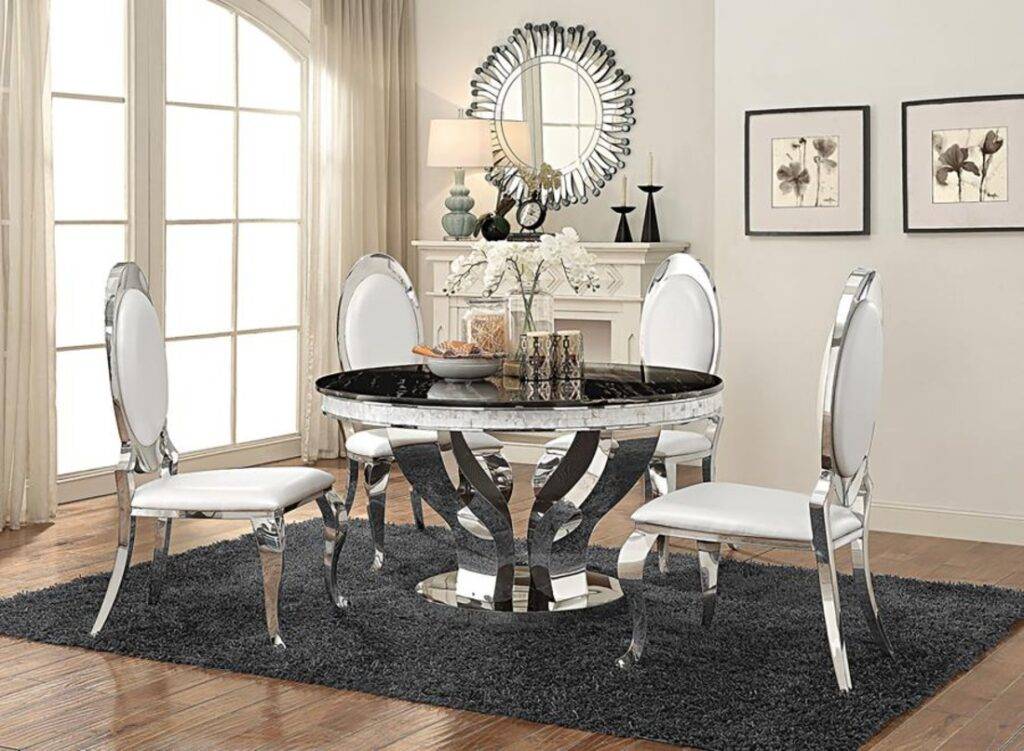 Anchorage 5-Piece Dining Set – Silver Stainless Steel Table with Black Marble Top and Cream Chairs