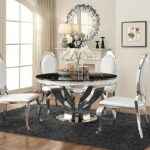Anchorage 5-Piece Dining Set – Silver Stainless Steel Table with Black Marble Top and Cream Chairs