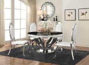 Anchorage 5-Piece Dining Set – Silver Stainless Steel Table with Black Marble Top and Cream Chairs