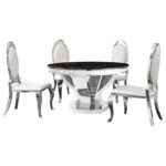 Anchorage 5-Piece Dining Set – Silver Stainless Steel Table with Black Marble Top and Cream Chairs