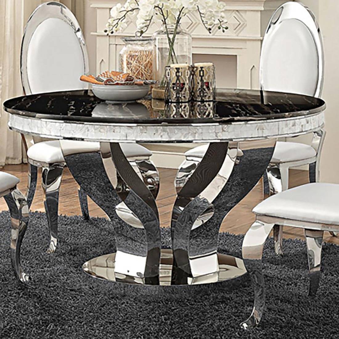 Anchorage 51-Inch Silver Round Dining Table with Black Marble Top