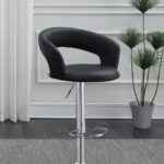 Armless Black Faux Leather Bar Stool with Round Seat and Chrome Footrest