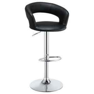 Armless Black Faux Leather Bar Stool with Round Seat and Chrome Footrest
