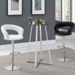 Two Modern Adjustable Bar Stools (White and Black) with Curved Backs and Chrome Bases around a Glass Top Bar Table