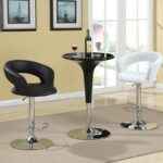 Two Modern Adjustable Bar Stools (Black and White) with Curved Backs and Chrome Bases around a Black Pedestal Bar Table