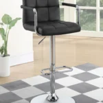Palomar Adjustable Height Bar Stool in Black Faux Leather with Tufted Back, Armrests, and Chrome Pedestal Base in The Room