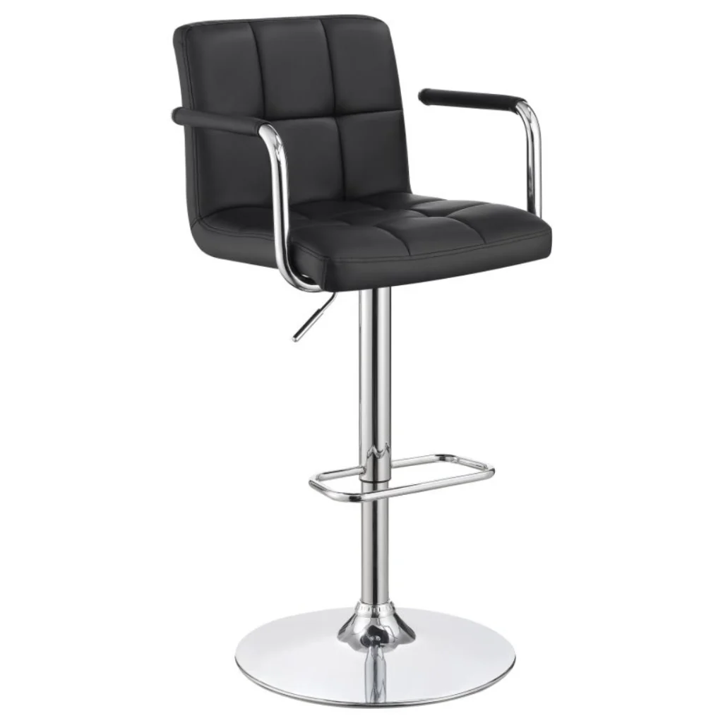 Palomar Adjustable Height Bar Stool in Black Faux Leather with Tufted Back, Armrests, and Chrome Pedestal Base.