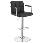 Palomar Adjustable Height Bar Stool in Black Faux Leather with Tufted Back, Armrests, and Chrome Pedestal Base.