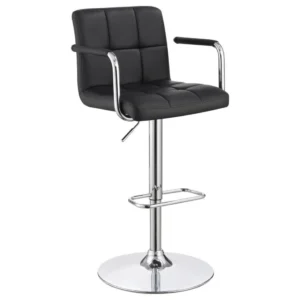Palomar Adjustable Height Bar Stool in Black Faux Leather with Tufted Back, Armrests, and Chrome Pedestal Base.