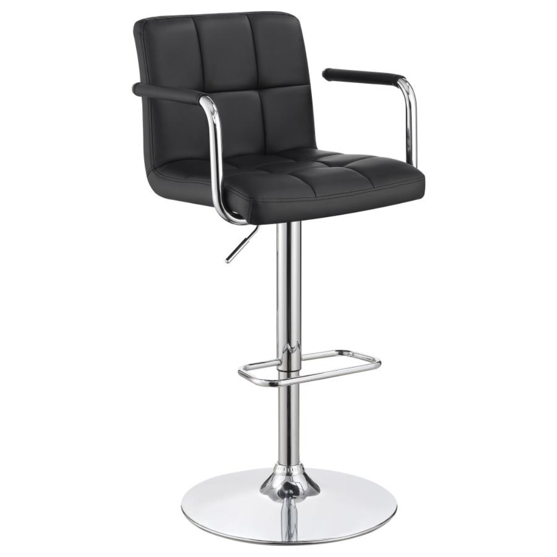 Palomar Adjustable Height Bar Stool in Black Faux Leather with Tufted Back, Armrests, and Chrome Pedestal Base.