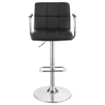 Palomar Adjustable Height Bar Stool in Black Faux Leather with Tufted Back, Armrests, and Chrome Pedestal Base Front