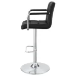 Palomar Adjustable Height Bar Stool in Black Faux Leather with Tufted Back, Armrests, and Chrome Pedestal Base Left