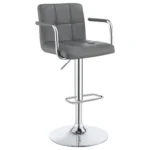 Palomar Adjustable Height Bar Stool in Grey Faux Leather with Tufted Back, Armrests, and Chrome Pedestal Base