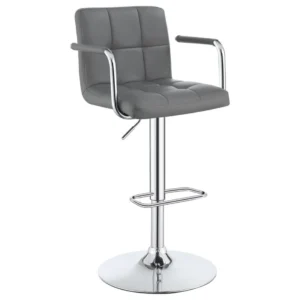 Palomar Adjustable Height Bar Stool in Grey Faux Leather with Tufted Back, Armrests, and Chrome Pedestal Base