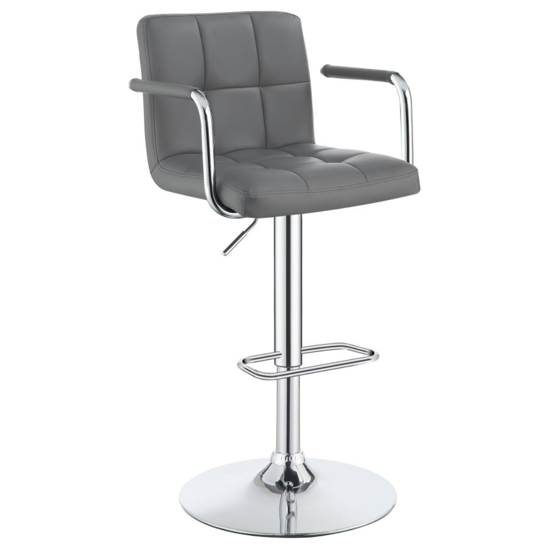 Palomar Adjustable Height Bar Stool in Grey Faux Leather with Tufted Back, Armrests, and Chrome Pedestal Base