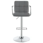 Palomar Adjustable Height Bar Stool in Grey Faux Leather with Tufted Back, Armrests, and Chrome Pedestal Base front