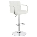 Palomar Adjustable Height Bar Stool in White Faux Leather with Tufted Back, Armrests, and Chrome Pedestal Base.