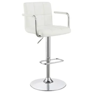 Palomar Adjustable Height Bar Stool in White Faux Leather with Tufted Back, Armrests, and Chrome Pedestal Base.