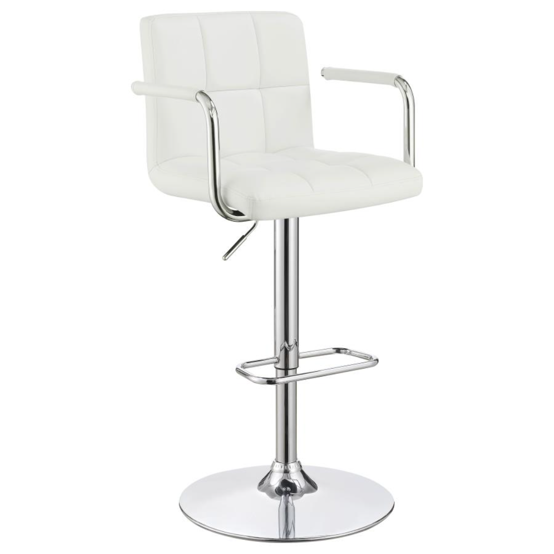 Palomar Adjustable Height Bar Stool in White Faux Leather with Tufted Back, Armrests, and Chrome Pedestal Base.
