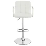 Palomar Adjustable Height Bar Stool in White Faux Leather with Tufted Back, Armrests, and Chrome Pedestal Base Front.