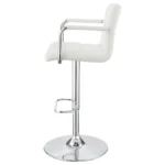 Palomar Adjustable Height Bar Stool in White Faux Leather with Tufted Back, Armrests, and Chrome Pedestal Base Left.