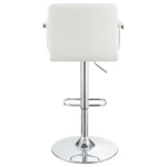 Palomar Adjustable Height Bar Stool in White Faux Leather with Tufted Back, Armrests, and Chrome Pedestal Base Back.