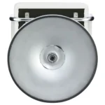 Palomar Adjustable Height Bar Stool in White Faux Leather with Tufted Back, Armrests, and Chrome Pedestal Base Bottom.
