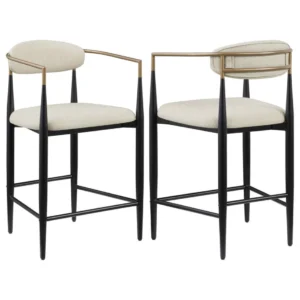 Modern Beige Counter Stool with Black Frame and Gold Armrests Set of 2
