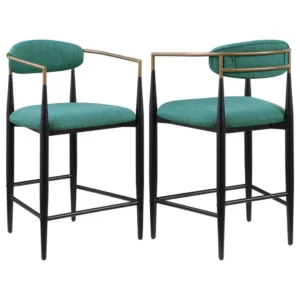 Modern Green Counter Stool with Open Back, Black Frame, and Gold Accents Set