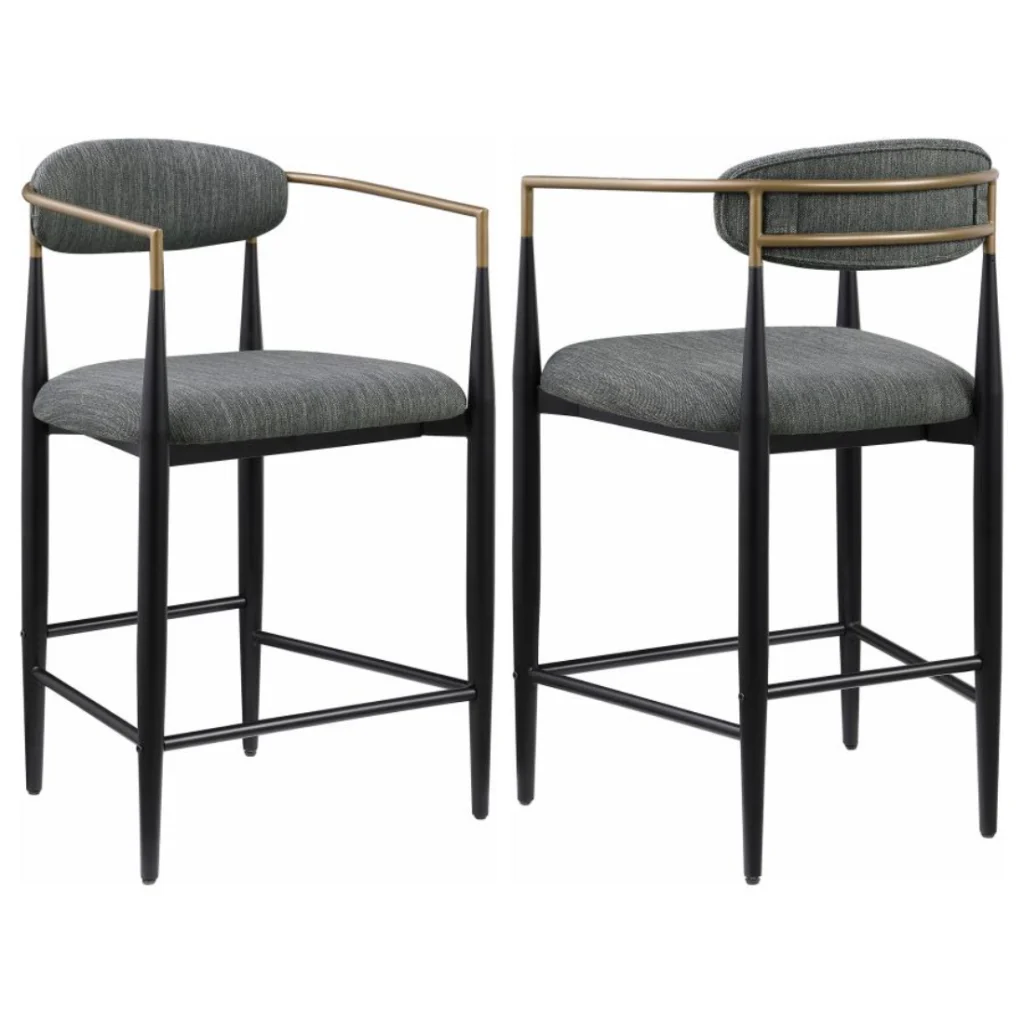 Set of 2 Tina Fabric Upholstered Dark Grey Counter Stools with Black Tapered Legs and Gold Arm Accents Set