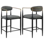Set of 2 Tina Fabric Upholstered Dark Grey Counter Stools with Black Tapered Legs and Gold Arm Accents Set