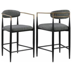 Set of 2 Tina Fabric Upholstered Dark Grey Counter Stools with Black Tapered Legs and Gold Arm Accents Set