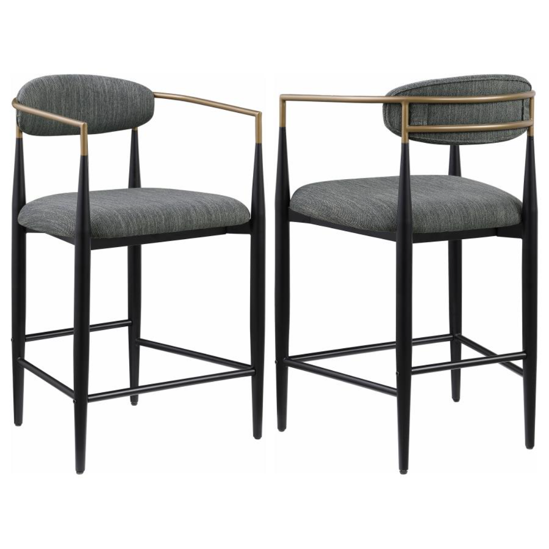 Set of 2 Tina Fabric Upholstered Dark Grey Counter Stools with Black Tapered Legs and Gold Arm Accents Set