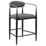 Set of 2 Tina Fabric Upholstered Dark Grey Counter Stools with Black Tapered Legs and Gold Arm Accents