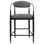 Set of 2 Tina Fabric Upholstered Dark Grey Counter Stools with Black Tapered Legs and Gold Arm Accents Front