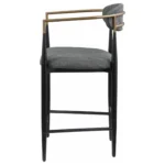 Set of 2 Tina Fabric Upholstered Dark Grey Counter Stools with Black Tapered Legs and Gold Arm Accents Left